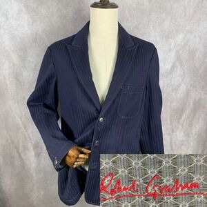 Robert Graham Blazer Jacket Men Large Blue Striped Peak Lapel Sport Coat Silk